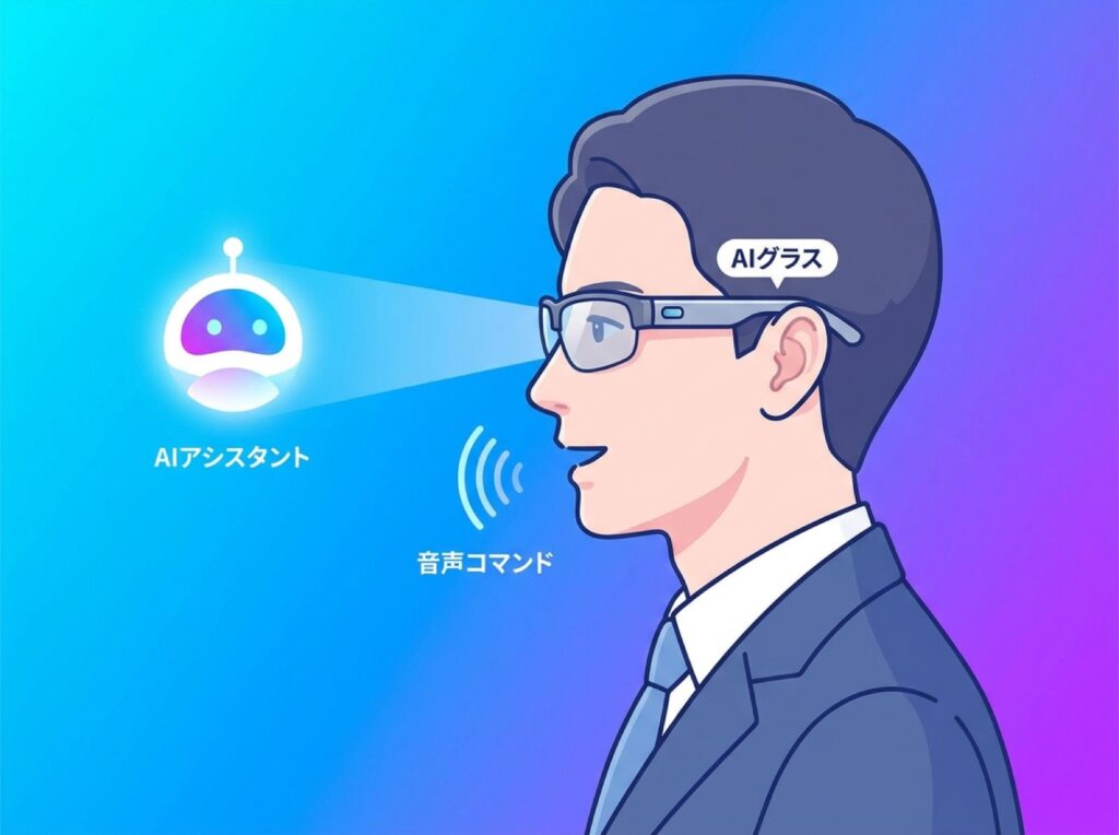 AIグラスを装着し音声でAIアシスタントを呼び出す人物のイメージ図
