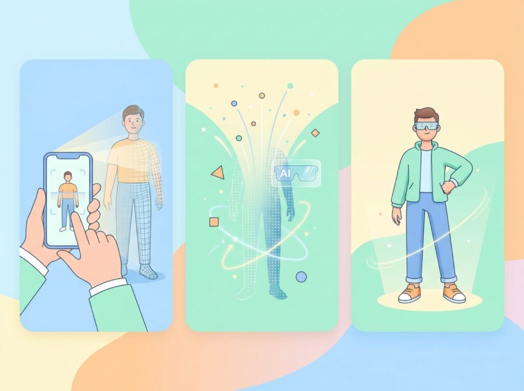 スマホで人をスキャンして3Dアバターを生成する流れを示す図