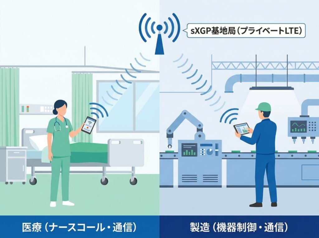 医療機関と製造業それぞれでのsXGP活用シーンを示すイラスト