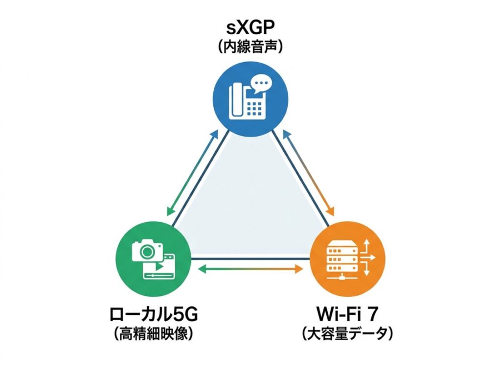 sXGP・ローカル5G・Wi-Fi 7の用途の違いを示す比較図