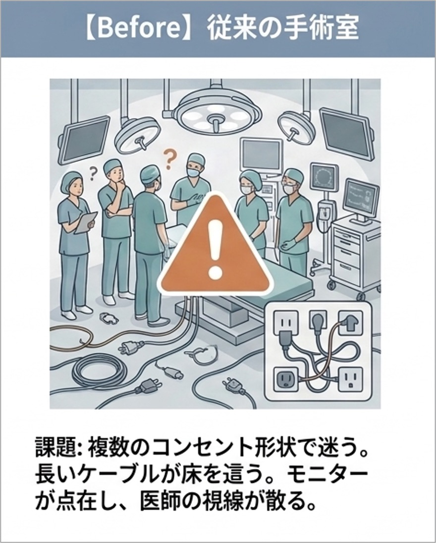 従来の手術室 — 複数のコンセント、長いケーブル、点在するモニター