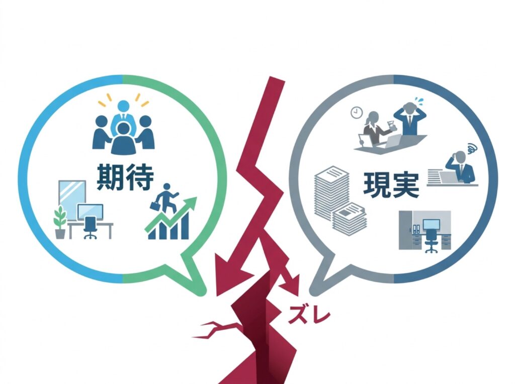 入社前の期待と入社後の現実とのギャップ(リアリティショック)を示す図
