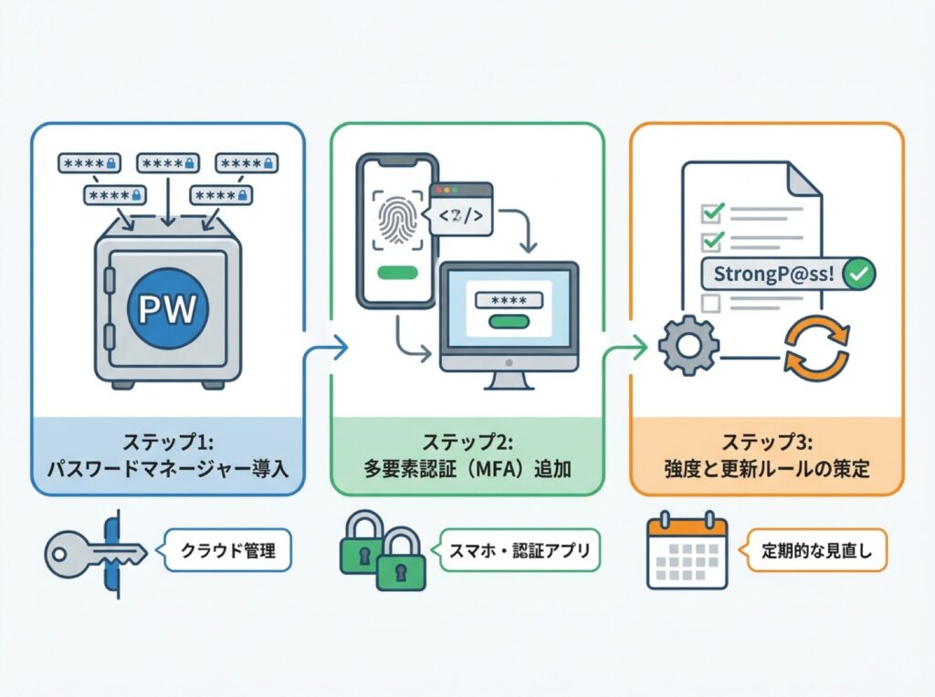 パスワードマネージャー導入・多要素認証・強度更新ルールの3ステップを手間の少ない順に示す図