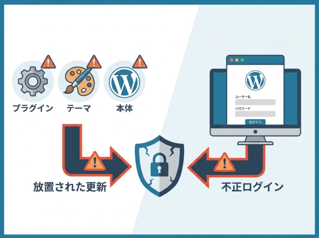 WordPressの脆弱性の入り口が「更新放置」と「不正ログイン」の2つであることを示す図