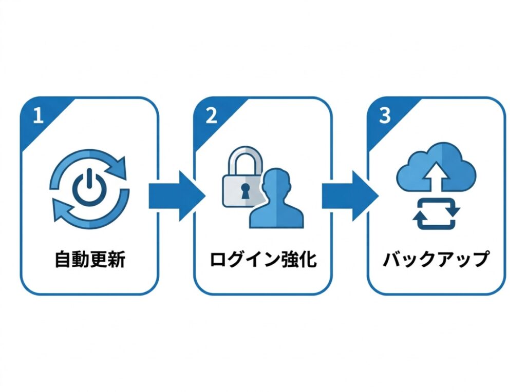 自動更新・ログイン強化・バックアップという3つの対策ステップを示す図