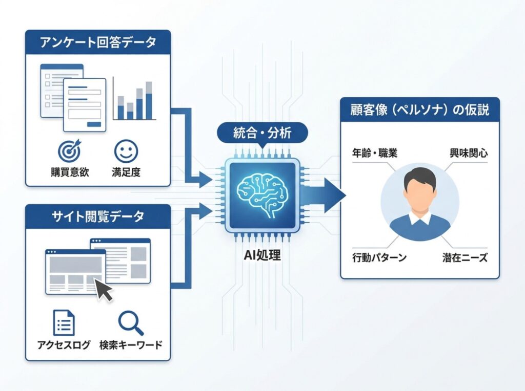 アンケートの回答データとサイト閲覧データが組み合わさって顧客像(ペルソナ)の仮説になる様子を示す図