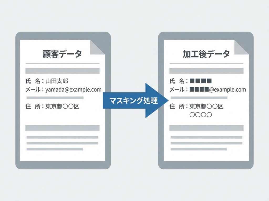 個人情報を含む書類が伏せ字に置き換えられるマスキング処理の流れを示す図