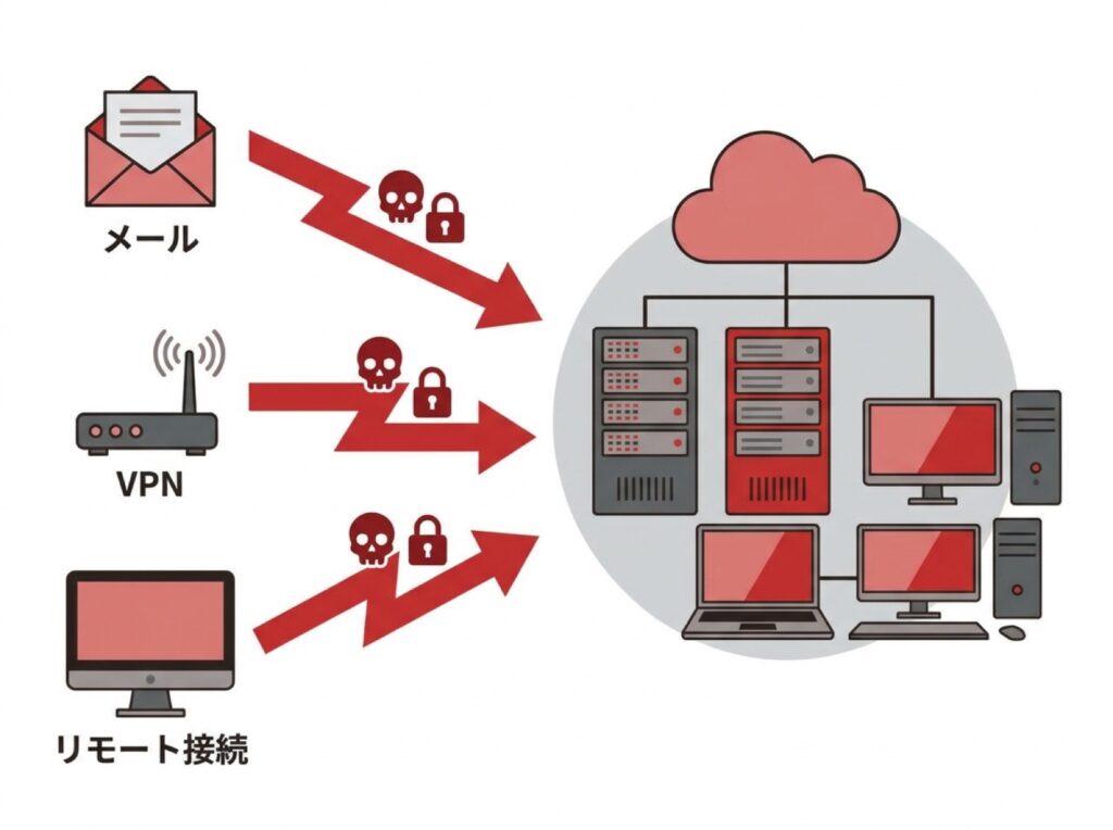 メール添付・VPN機器・リモートデスクトップの3つの感染経路を示す図
