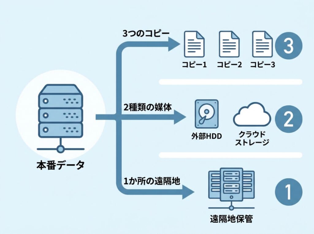3-2-1バックアップルール(複製3つ・媒体2種・遠隔地1か所)を示す図