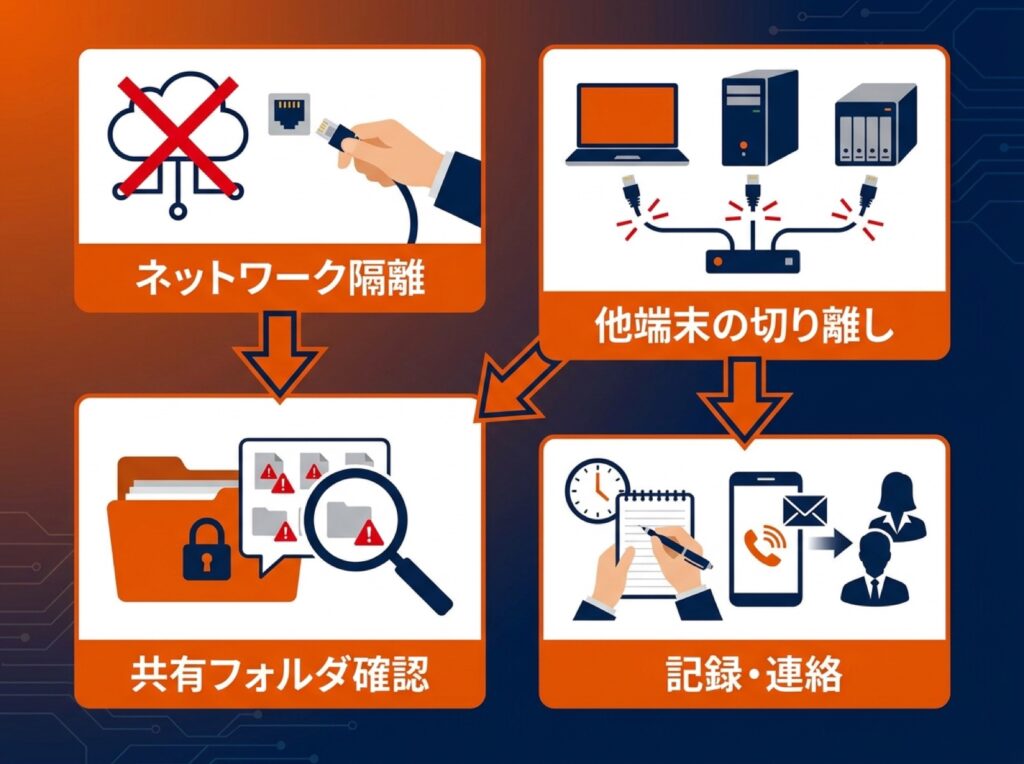 感染疑い発生時のネットワーク隔離までの初動対応フロー図