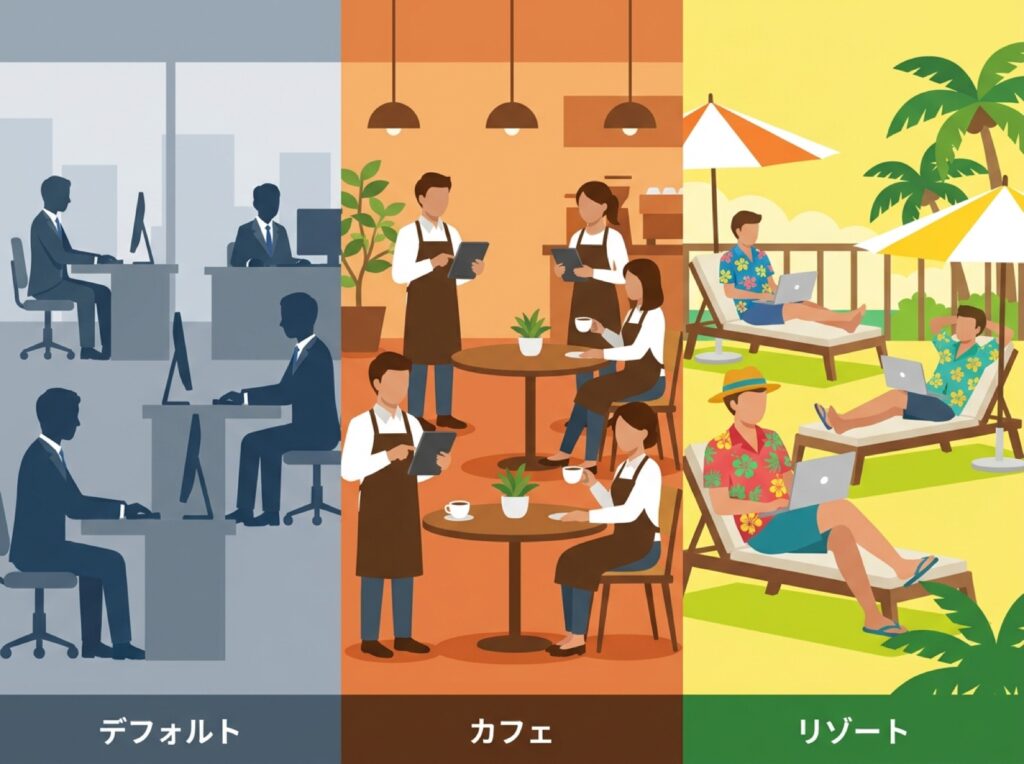 デフォルト・カフェ・リゾートという3つのオフィステーマの雰囲気を比較するイラスト
