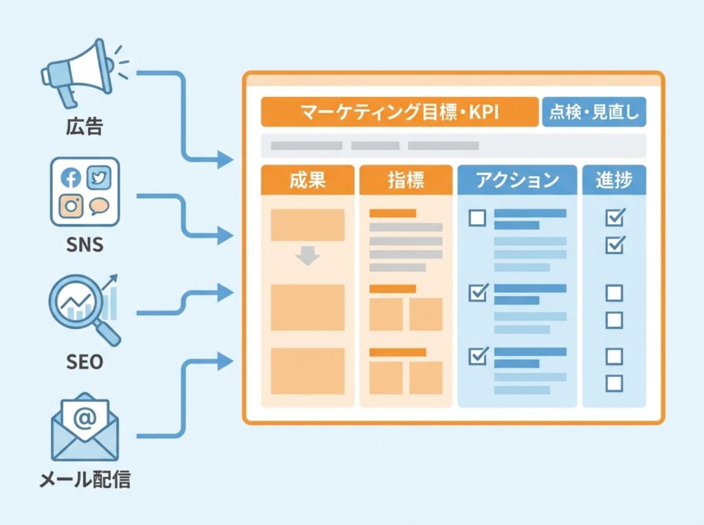 広告・SNS・SEOなど複数チャネルの前期活動と実績を一覧表に整理する様子を示す図