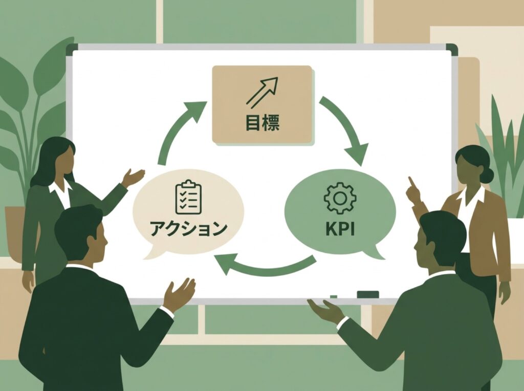 点検会議で確認する3つの問いを順番に繰り返し話し合う様子を示す循環図
