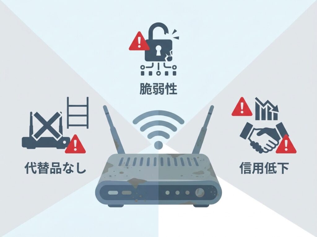 古いネットワーク機器を放置した場合に生じる3つのリスクを示す図