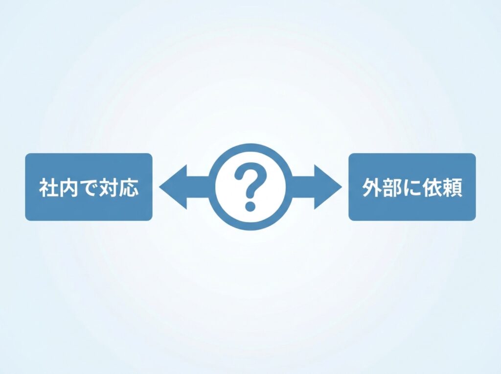 点検対応を社内で行うか外部に依頼するかを判断するフローを示す図