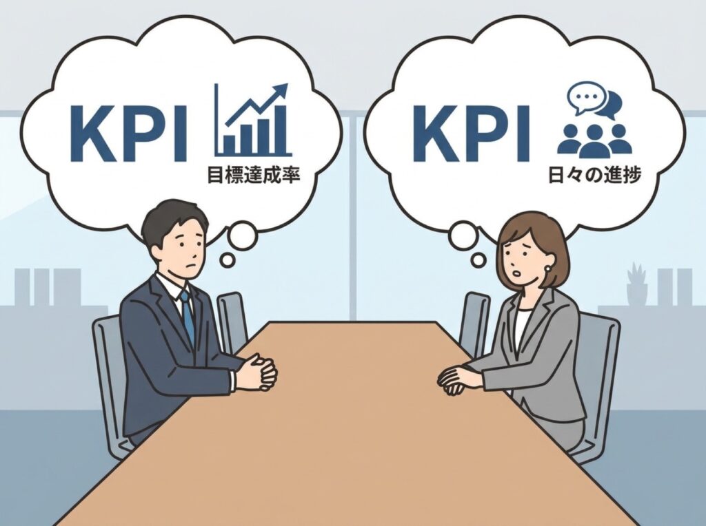 同じ言葉を違う意味で使ってすれ違う二人の様子を示す図