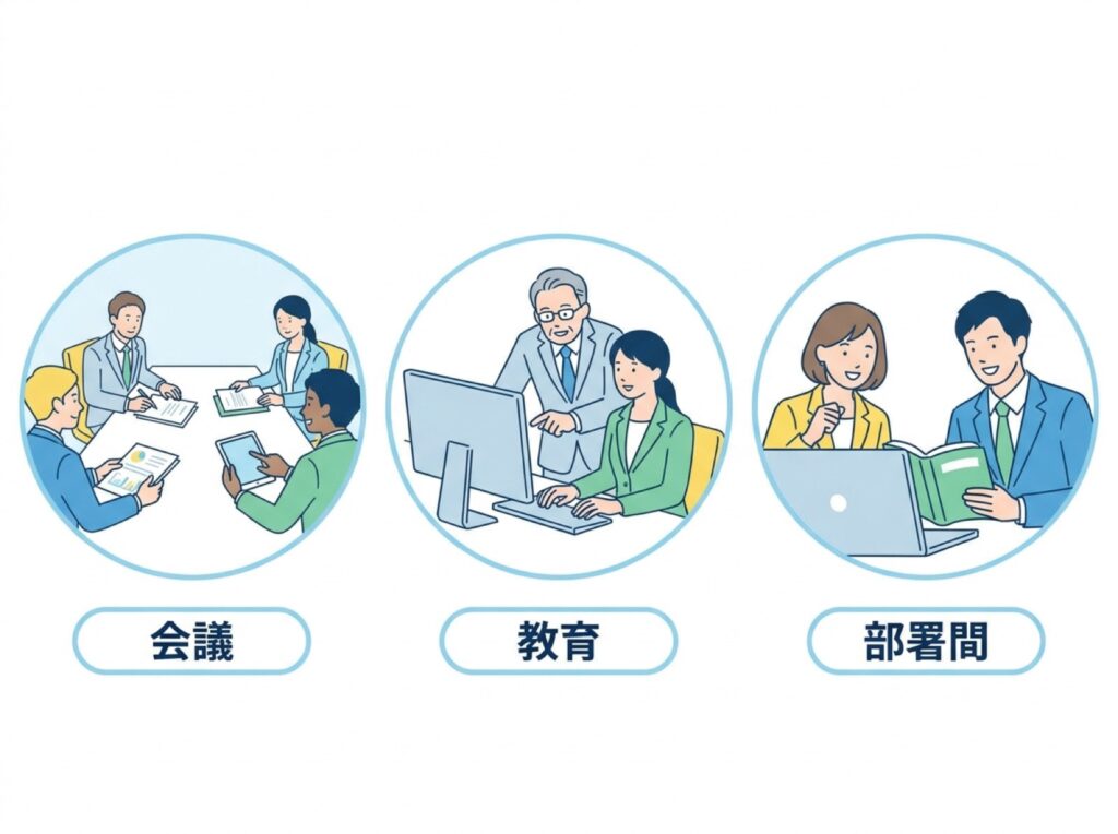 会議資料確認・新入社員教育・部署間の意思疎通という3つの活用場面を示す図