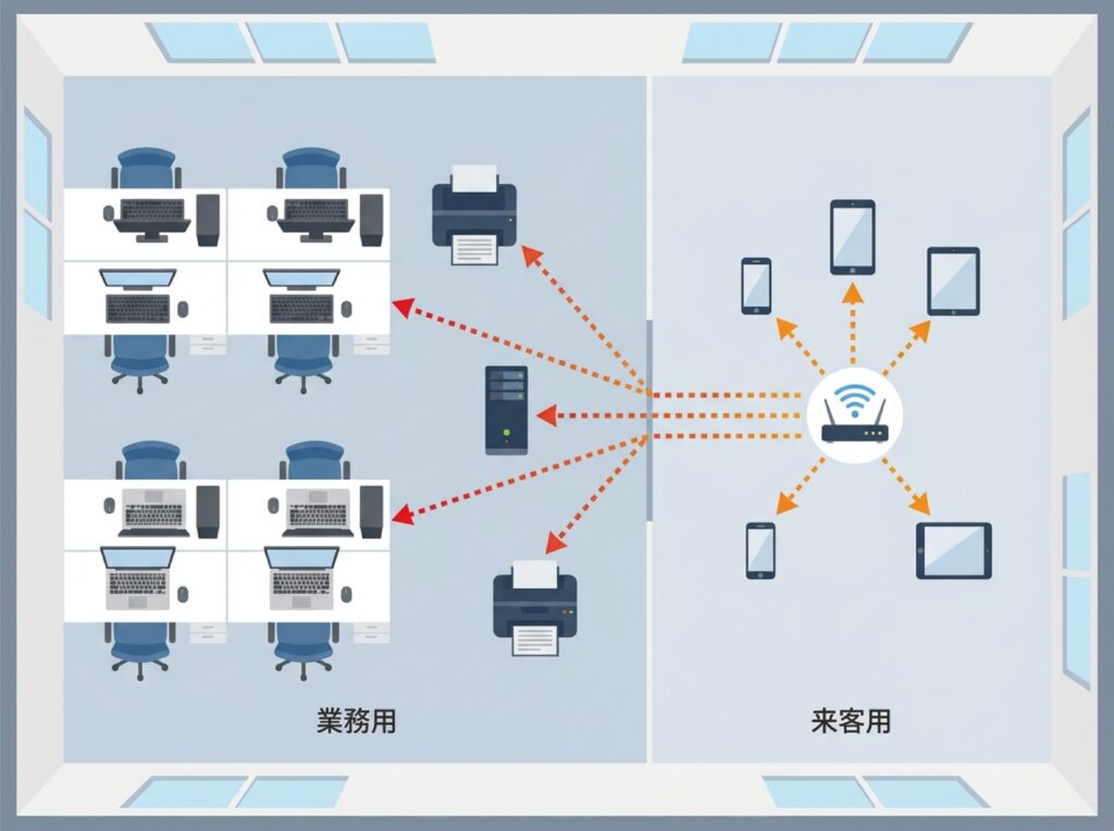 来客用端末が社内のファイルサーバーやプリンターに到達できてしまう様子を示すネットワーク図