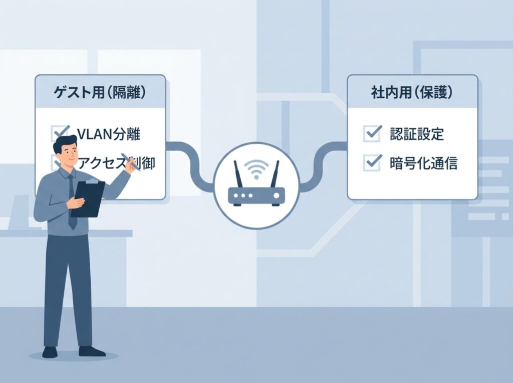 VLAN対応機器を導入する際の設定項目を一つずつ確認している様子を表すイラスト