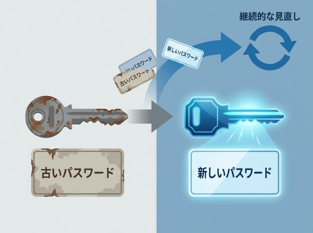 暗号化方式やパスワードを定期的に見直す必要性を示す対比イラスト