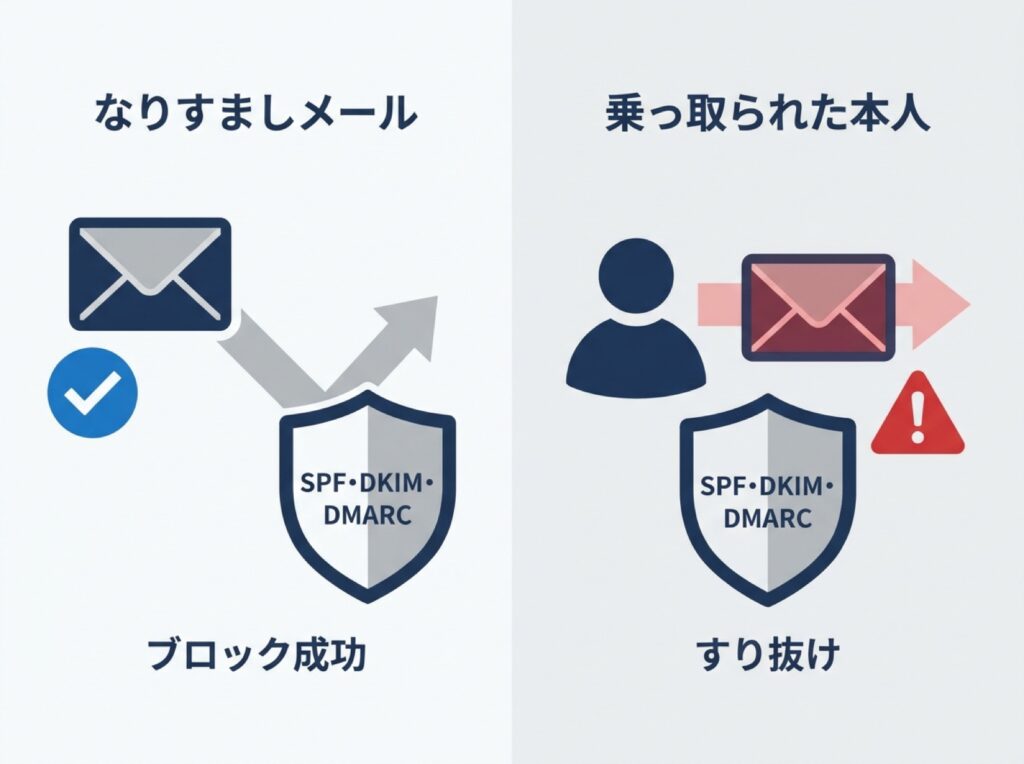 なりすましメールはSPF・DKIM・DMARCで防げるが、盗まれた認証情報による正規ログインはこの仕組みでは防げないことを示す比較図