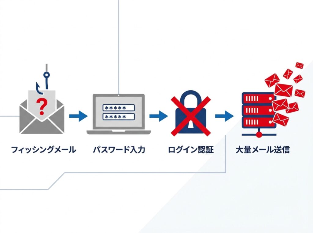 フィッシングでの情報窃取からパスワード使い回しの悪用、SMTP認証の突破、大量送信までの4段階の攻撃の流れを示すフローチャート