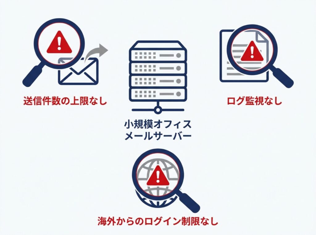 送信件数の上限やログ監視、海外ログインの制限がない中小企業の一般的なメールサーバー構成の弱点を示す図