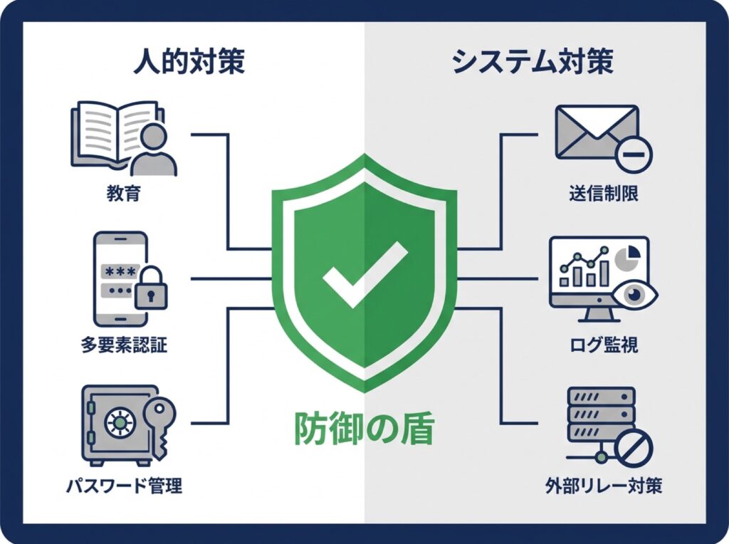 人的対策とシステム対策を組み合わせた二段構えの防御策の全体像を示す図