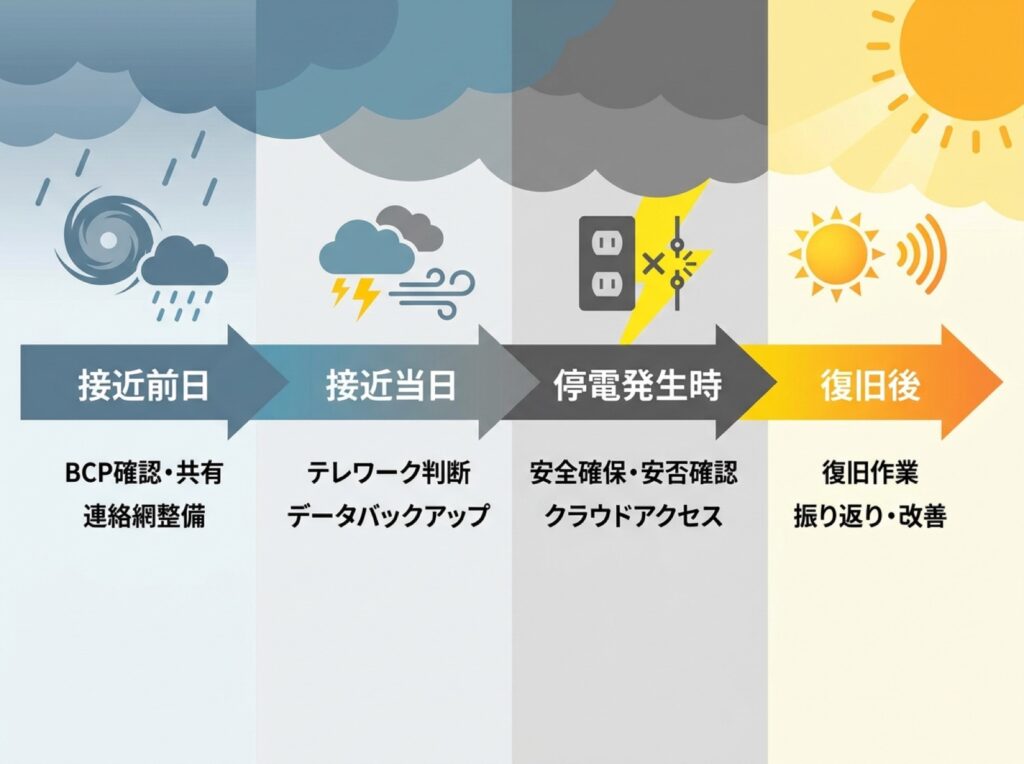 台風接近前から復旧後までの初動対応フェーズを示すタイムライン図