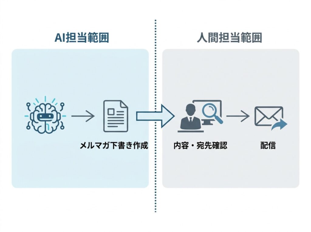 AIがメルマガの下書きを作り、人が内容と宛先を確認してから配信するまでの流れと、AIの担当範囲の境界を示す図。