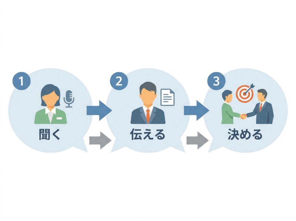 当日は先に聞き、事実で伝え、一緒に決める順で進めることを示した図