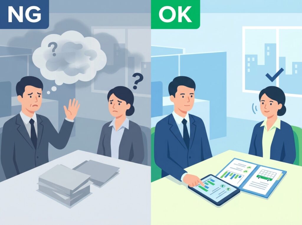 印象で伝える場合と事実で伝える場合の面談の雰囲気の違いを比べた図