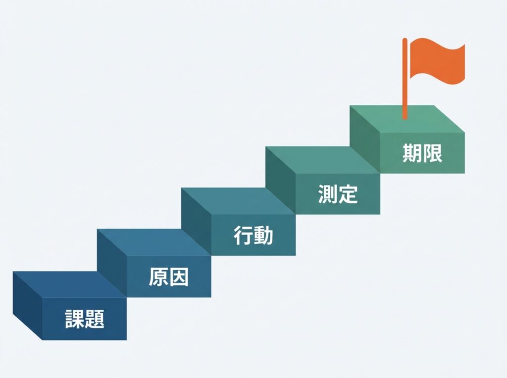 上期の課題を5つの手順で下期の目標に変換する流れを階段で表した図