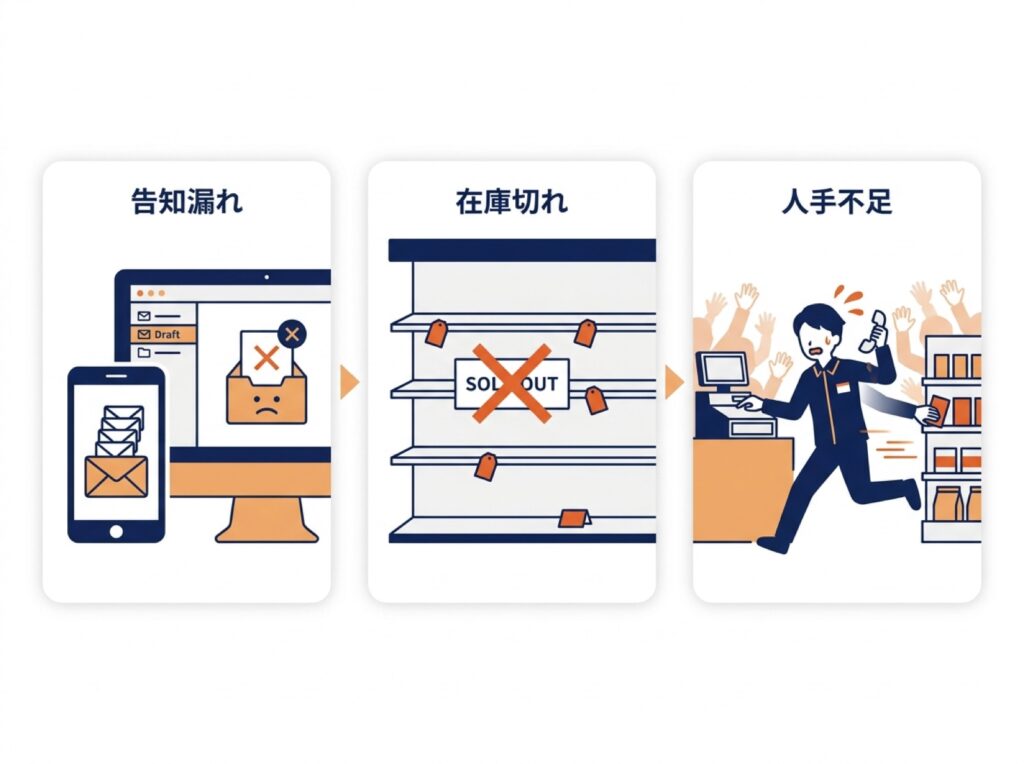 告知漏れ・在庫切れ・人手不足という3つの失敗を表した3場面のイラスト