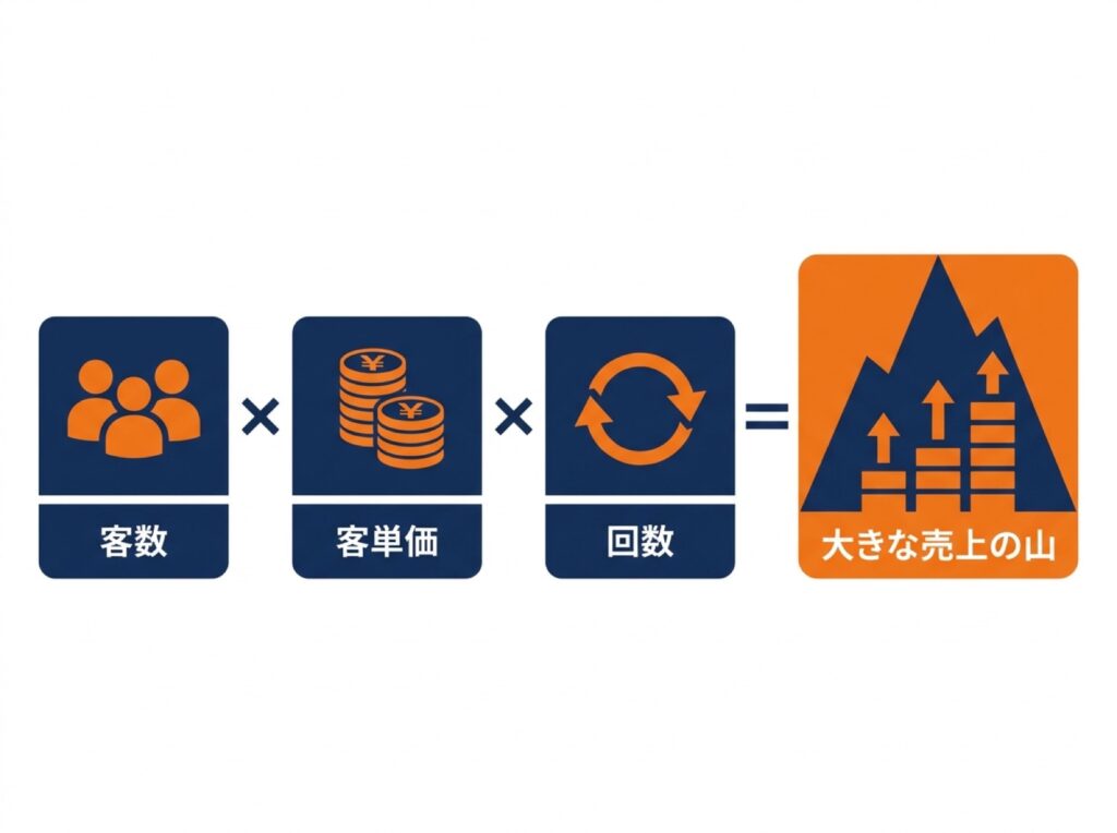 売上を客数・客単価・購入回数の掛け算に分解して考える様子を示す図