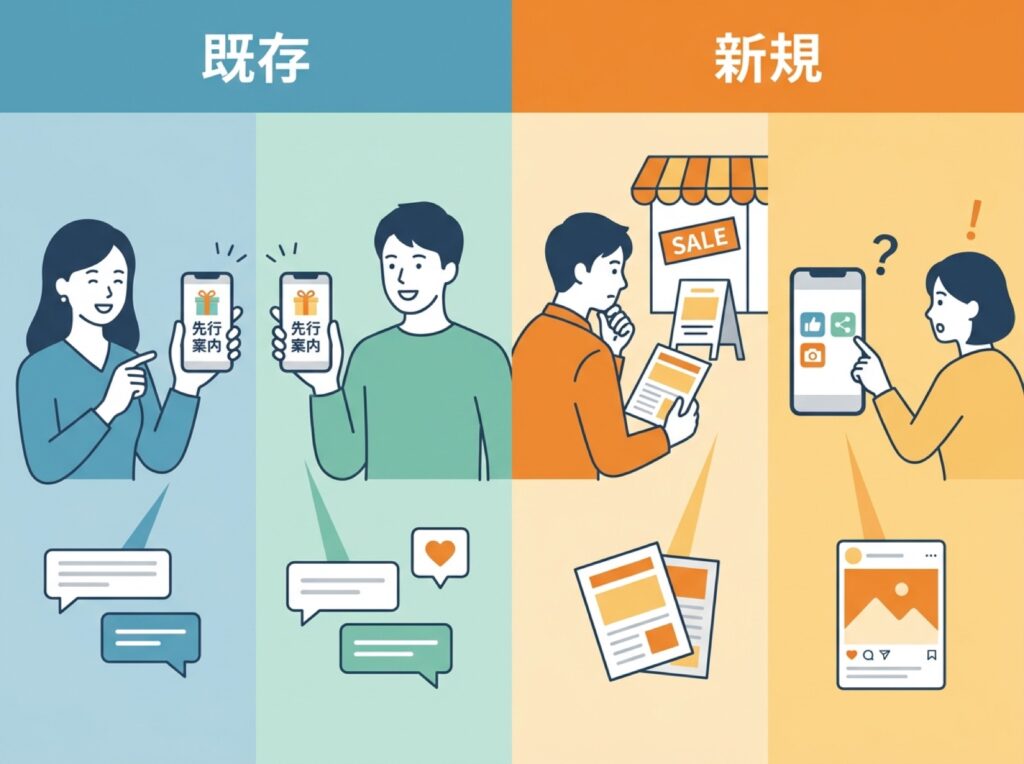 既存顧客にはメールやLINEで先行案内、新規顧客にはSNSやチラシで知ってもらう打ち手の違いを対比した図