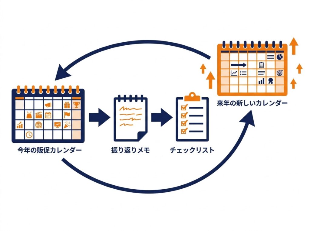 今年の振り返りを来年のカレンダーに引き継いで改善していく流れを表した図
