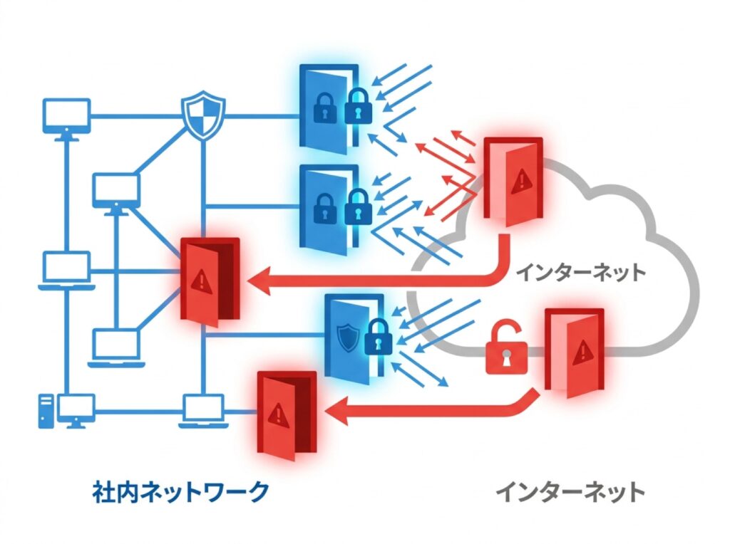 外部に開いた接続口が外部から狙われている様子を示す図