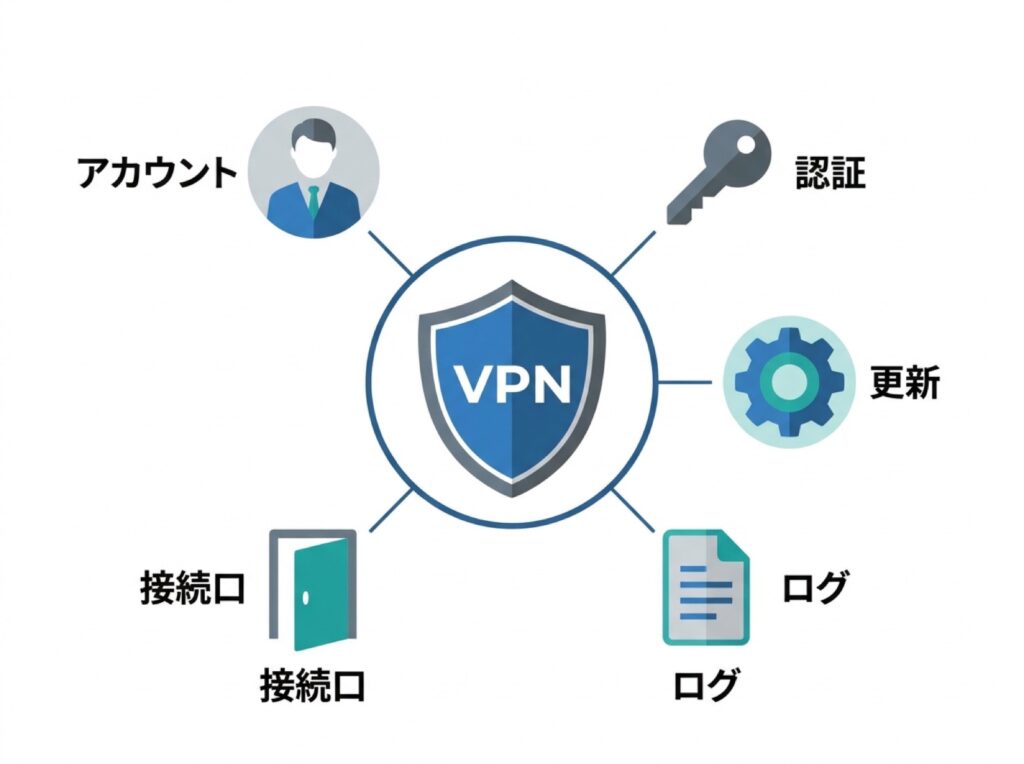 VPN点検の5項目(アカウント・認証・更新・ログ・接続口)の全体像を示す図