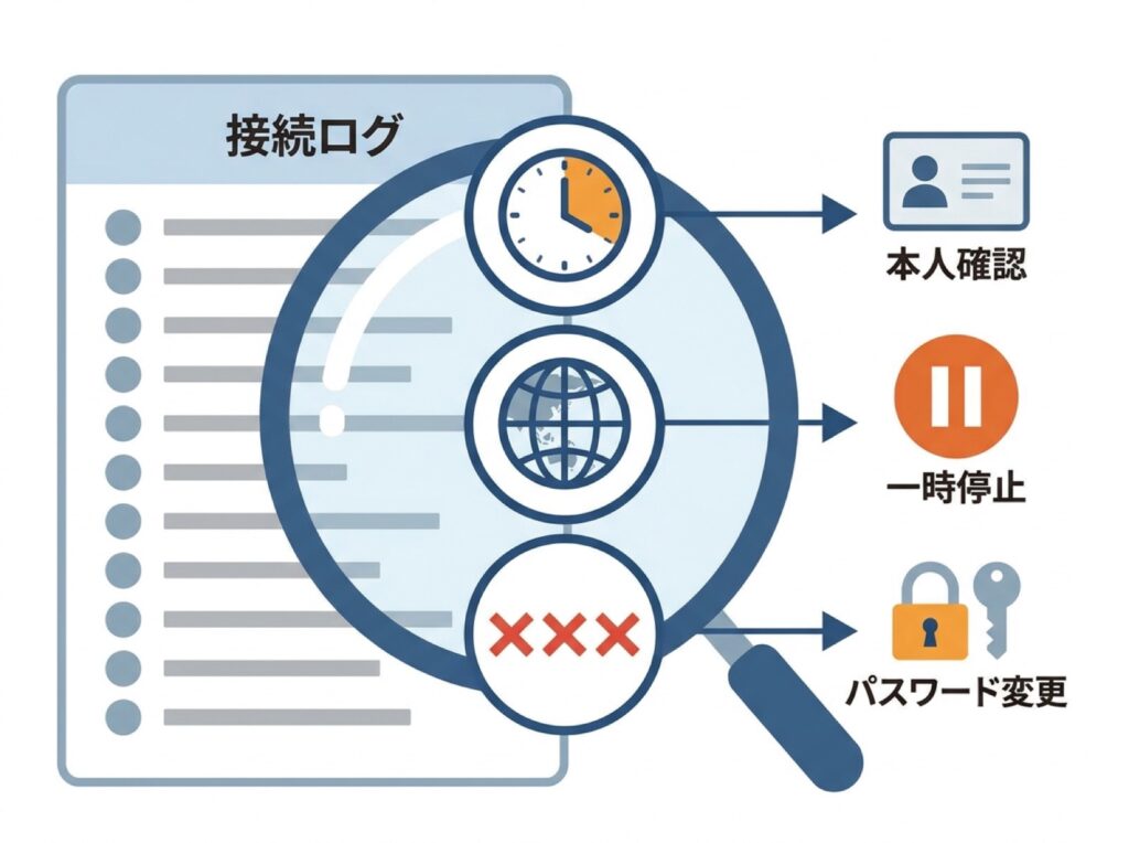 ログで見る3つの不審サイン(時間帯・接続元・認証失敗)を示す図