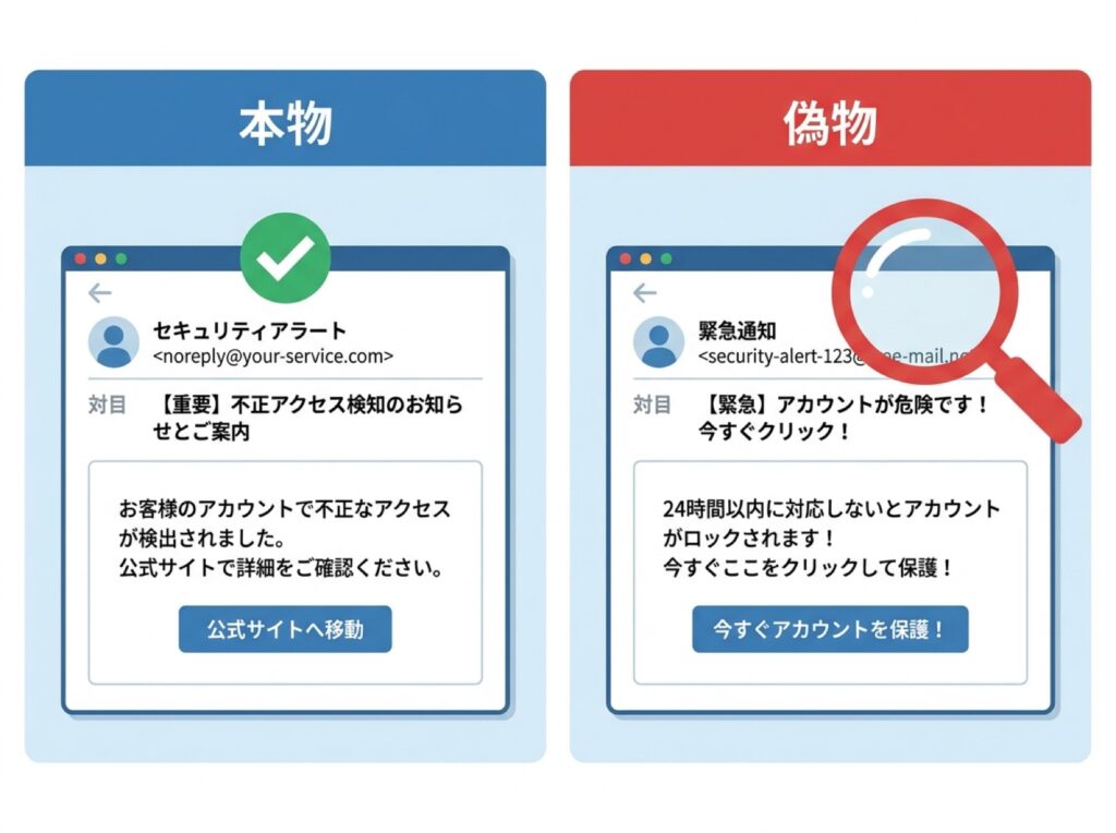 本物と偽の通知メールを見比べて確認するポイントを示した比較図