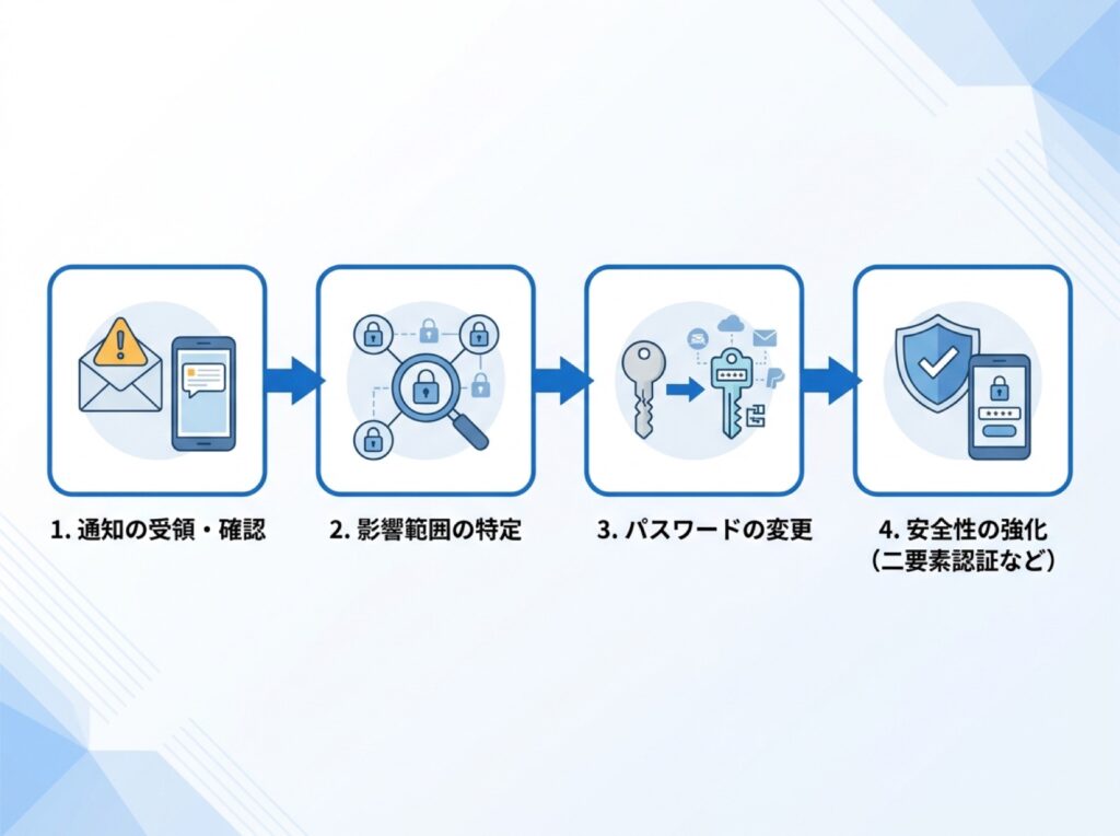 パスワード漏えい時の変更手順を4段階で示した流れ図