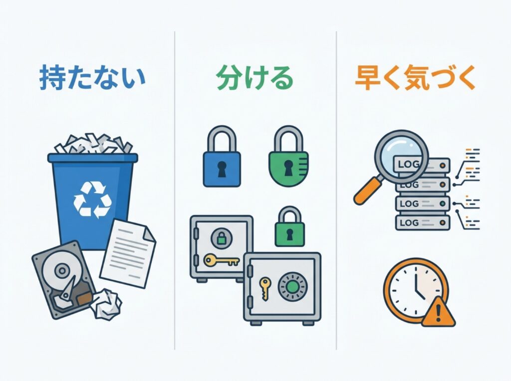 持たない・分ける・早く気づくの3つの管理の型を示した図解