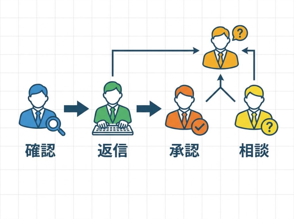 口コミ返信の担当と承認・相談の流れを示した図