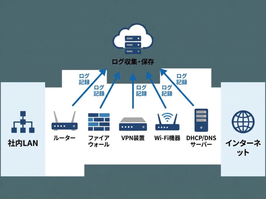 各ネットワーク機器が残すログの種類と位置関係を示す構成図。