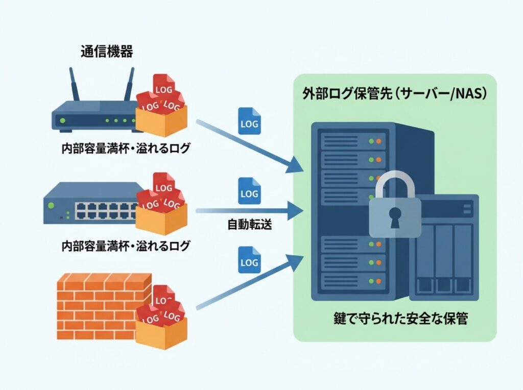機器本体のログを外部の保管先へ自動転送して保護する流れを示す図。