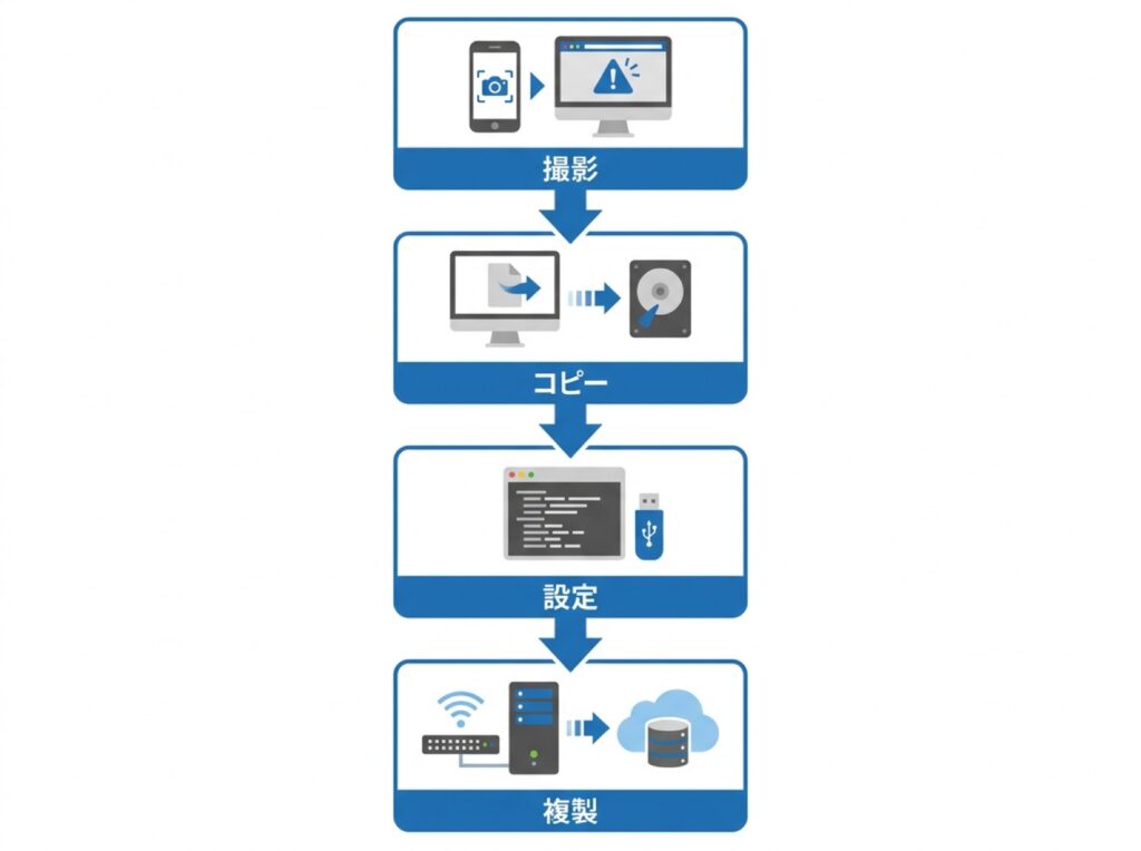 消えやすい情報から順に保全する4つの手順を示すフロー図。