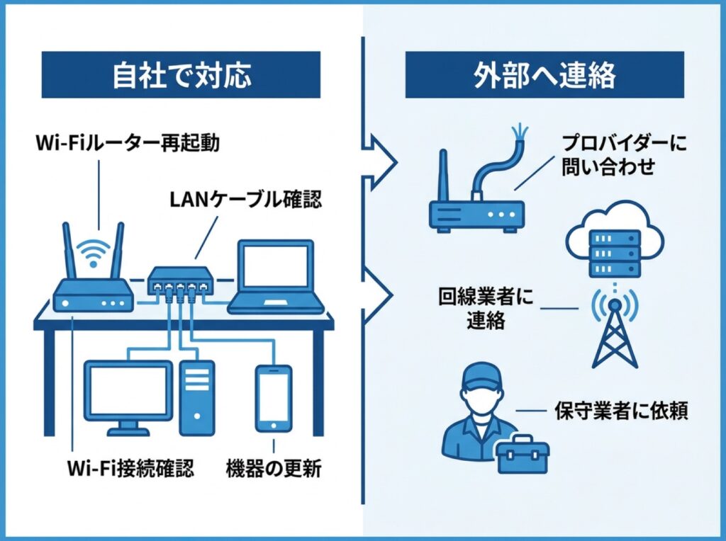 自社で対応できる範囲と外部に連絡する範囲の境目を示した図
