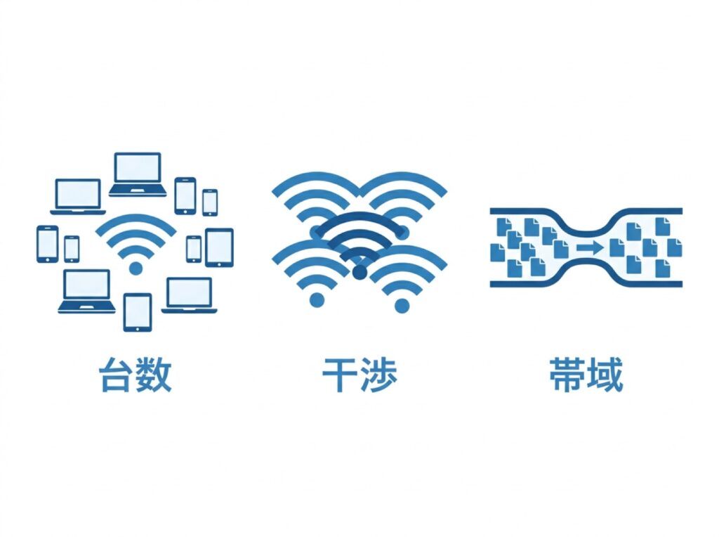 接続台数・電波の干渉・回線の帯域という3つの混雑要因を並べた図