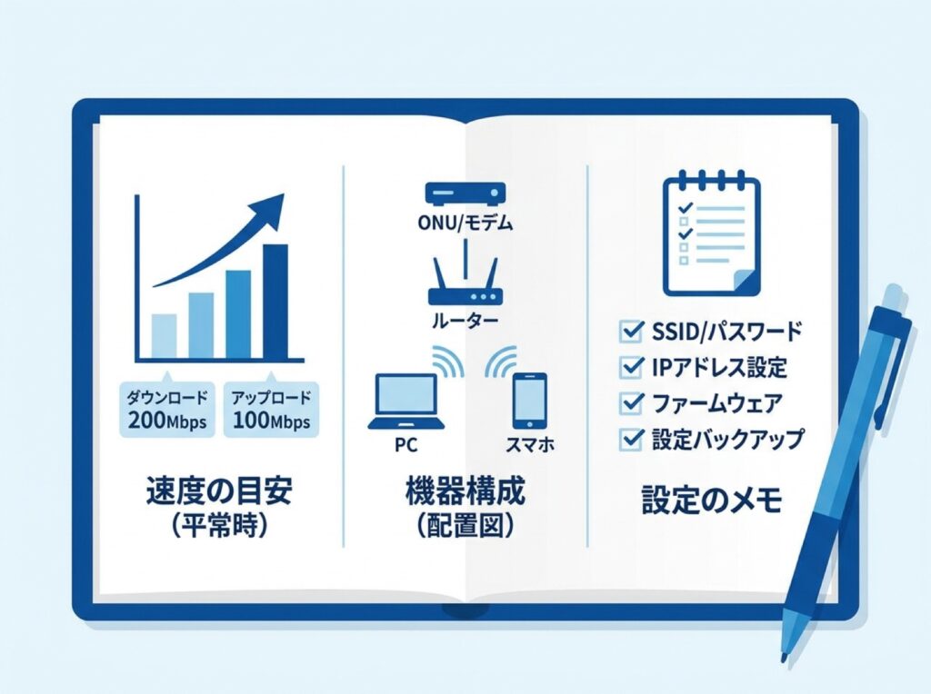 平常時に記録しておく速度・機器構成・設定メモを示した図